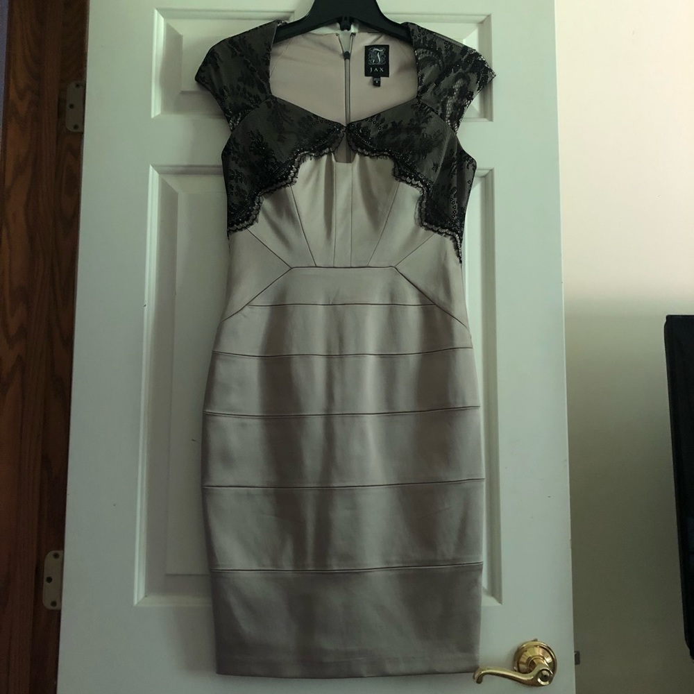 Satin Champagne midi dress with black lace